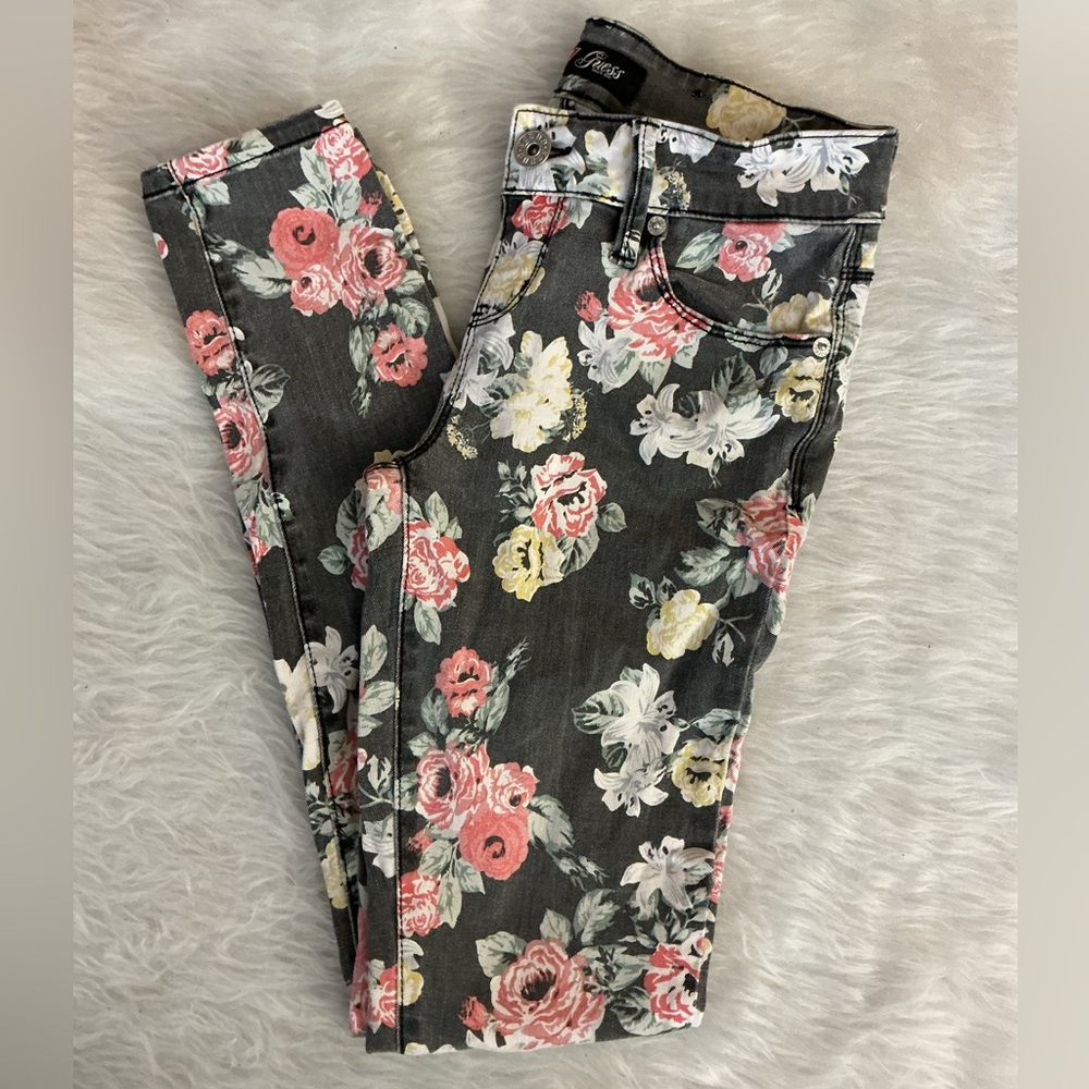 Guess Women's Floral Skinny Jeans - Black with Pink & Yellow Roses